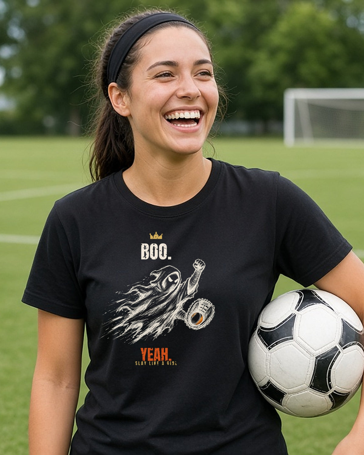 Boo. Yeah. women's relaxed tee on model, Black