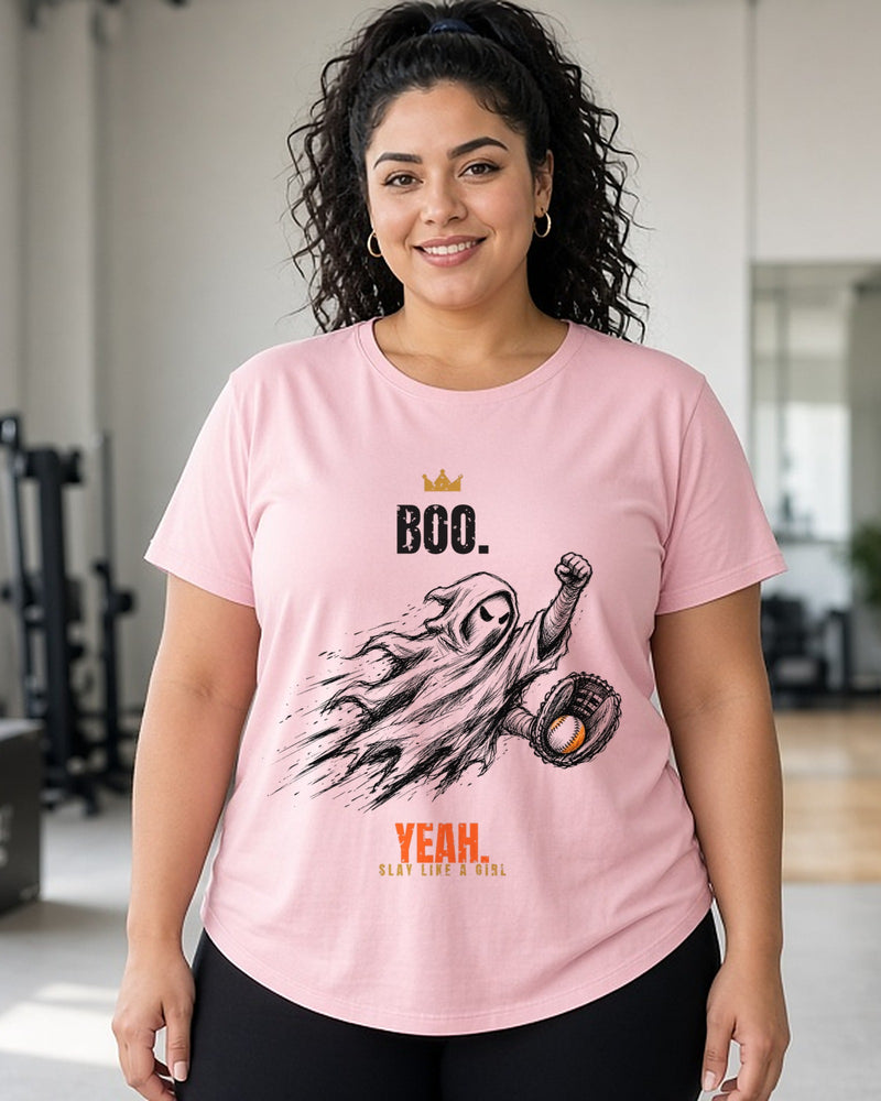 Boo. Yeah. women's relaxed tee on model, Pink