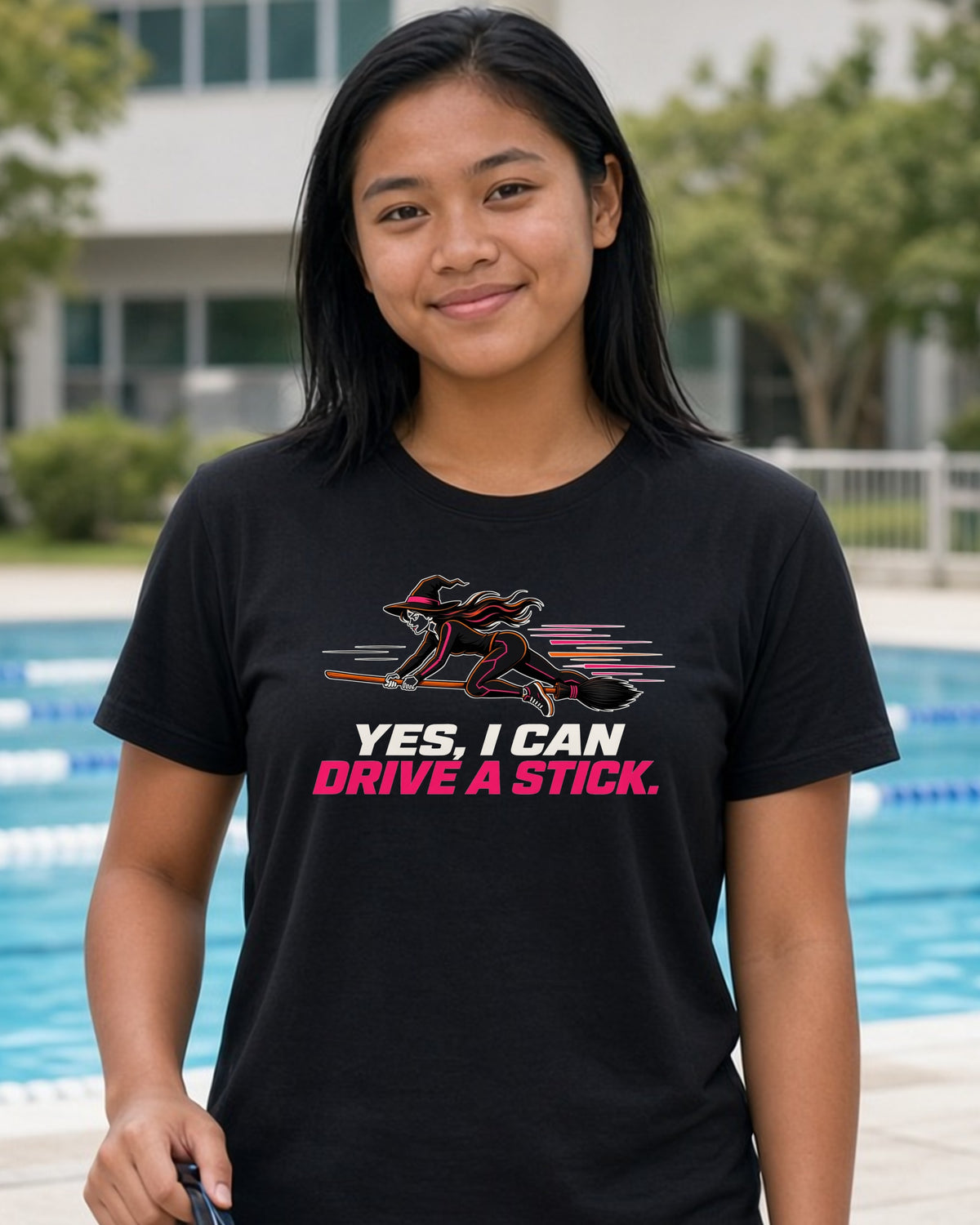 Yes, I Can Drive a Stick women's relaxed tee on model, Black