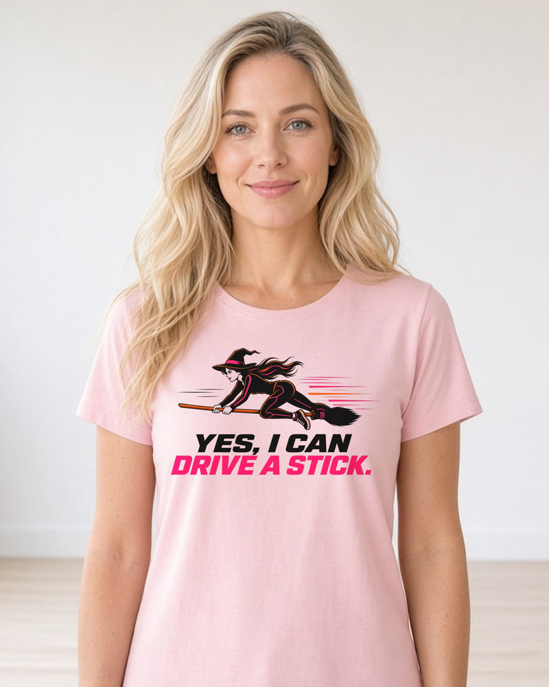 Yes, I Can Drive a Stick women's relaxed tee on model, Pink