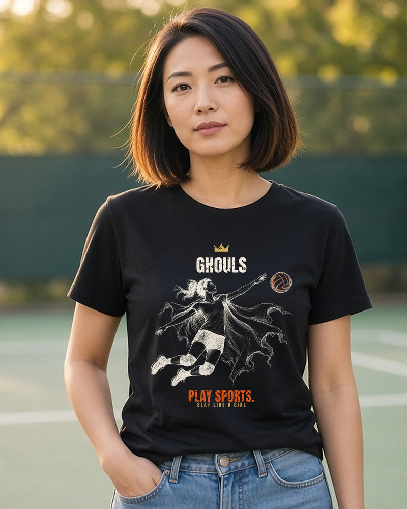 Ghouls Play Sports women's relaxed tee on model, Black