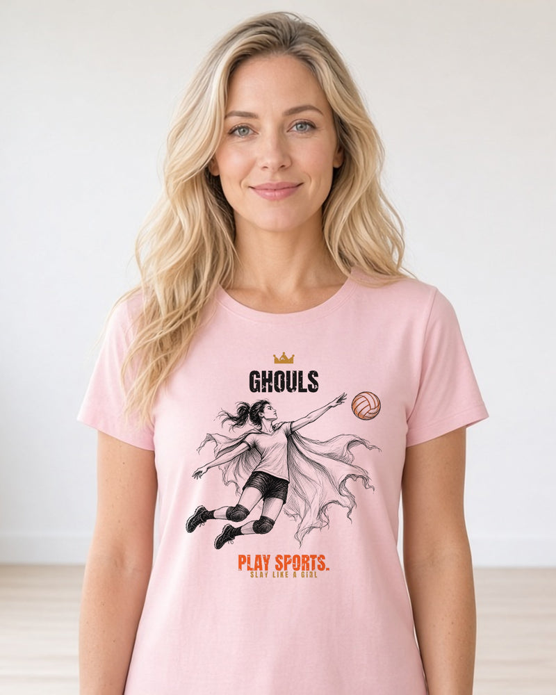 Ghouls Play Sports women's relaxed tee on model, Pink