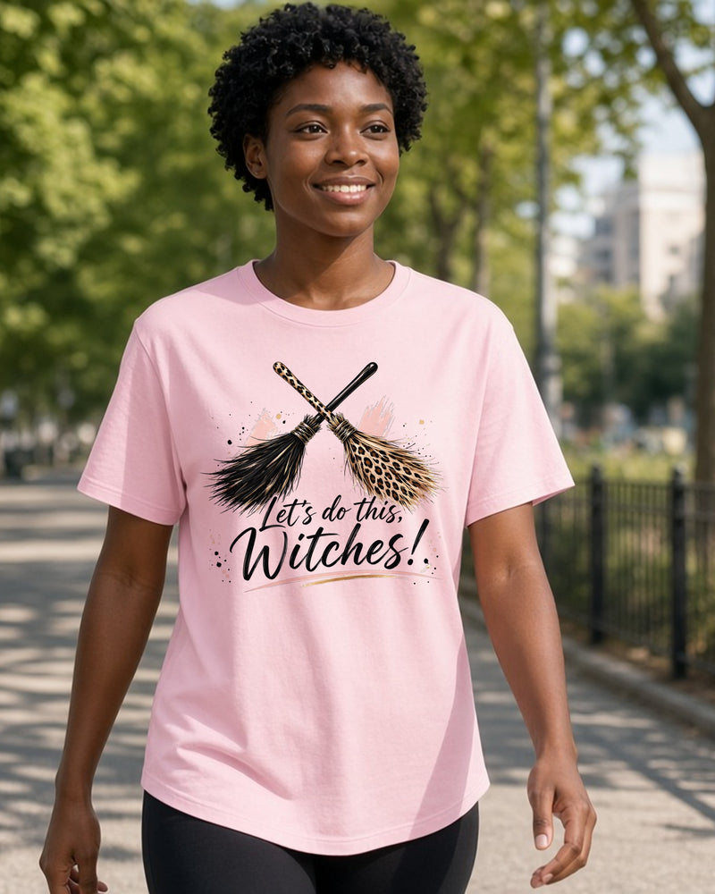 Let's Do This, Witches! women's relaxed tee on model, Pink
