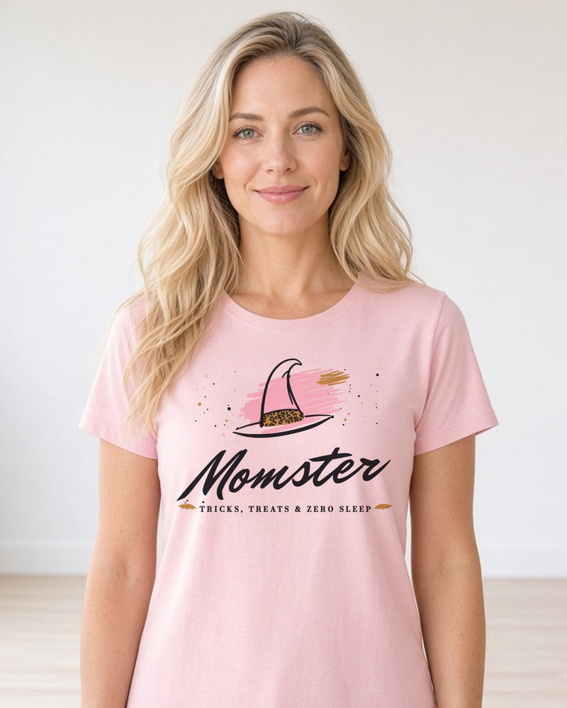 MOMSTER women's relaxed tee on model, Pink
