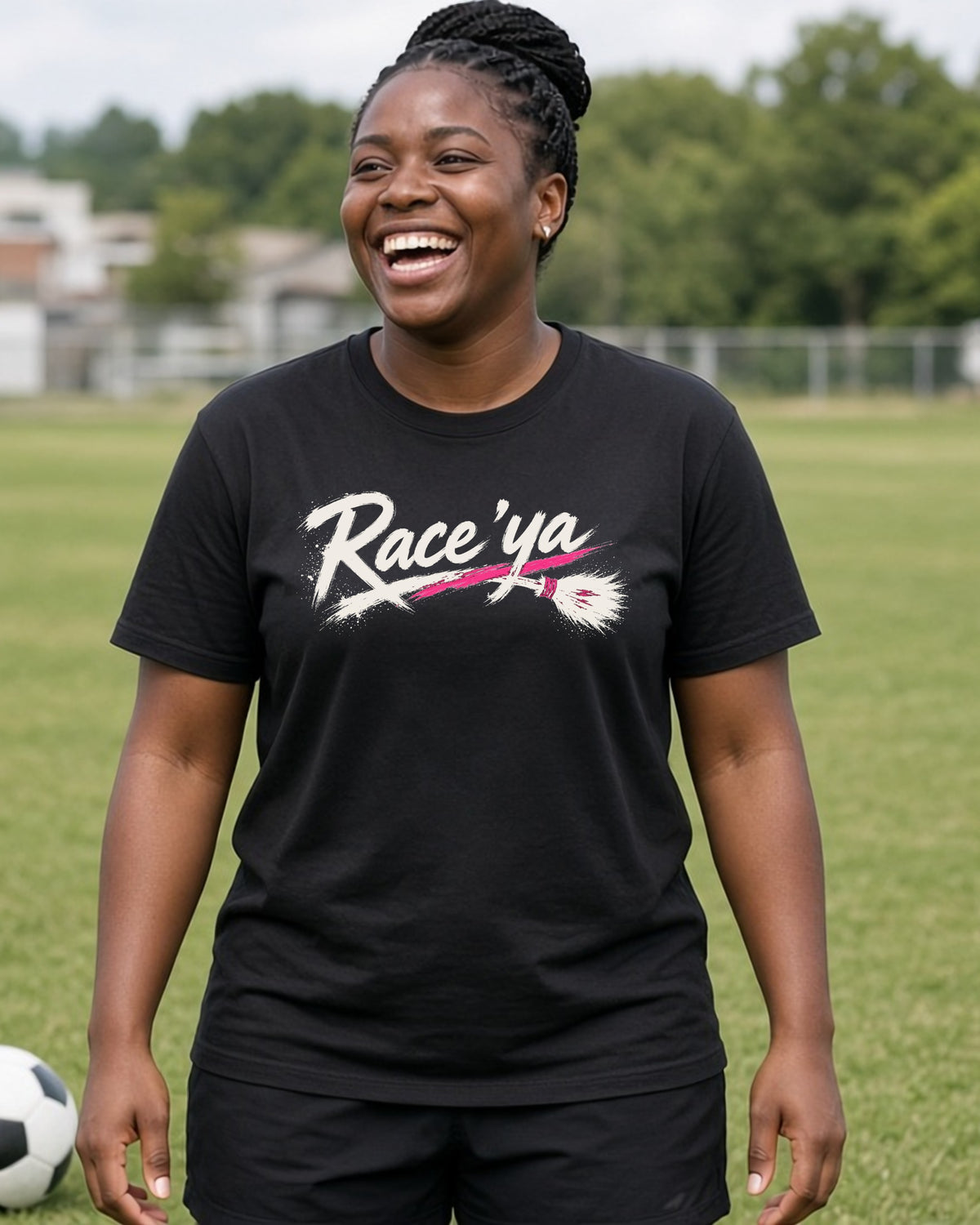 RACE 'ya women's relaxed tee on model, Black