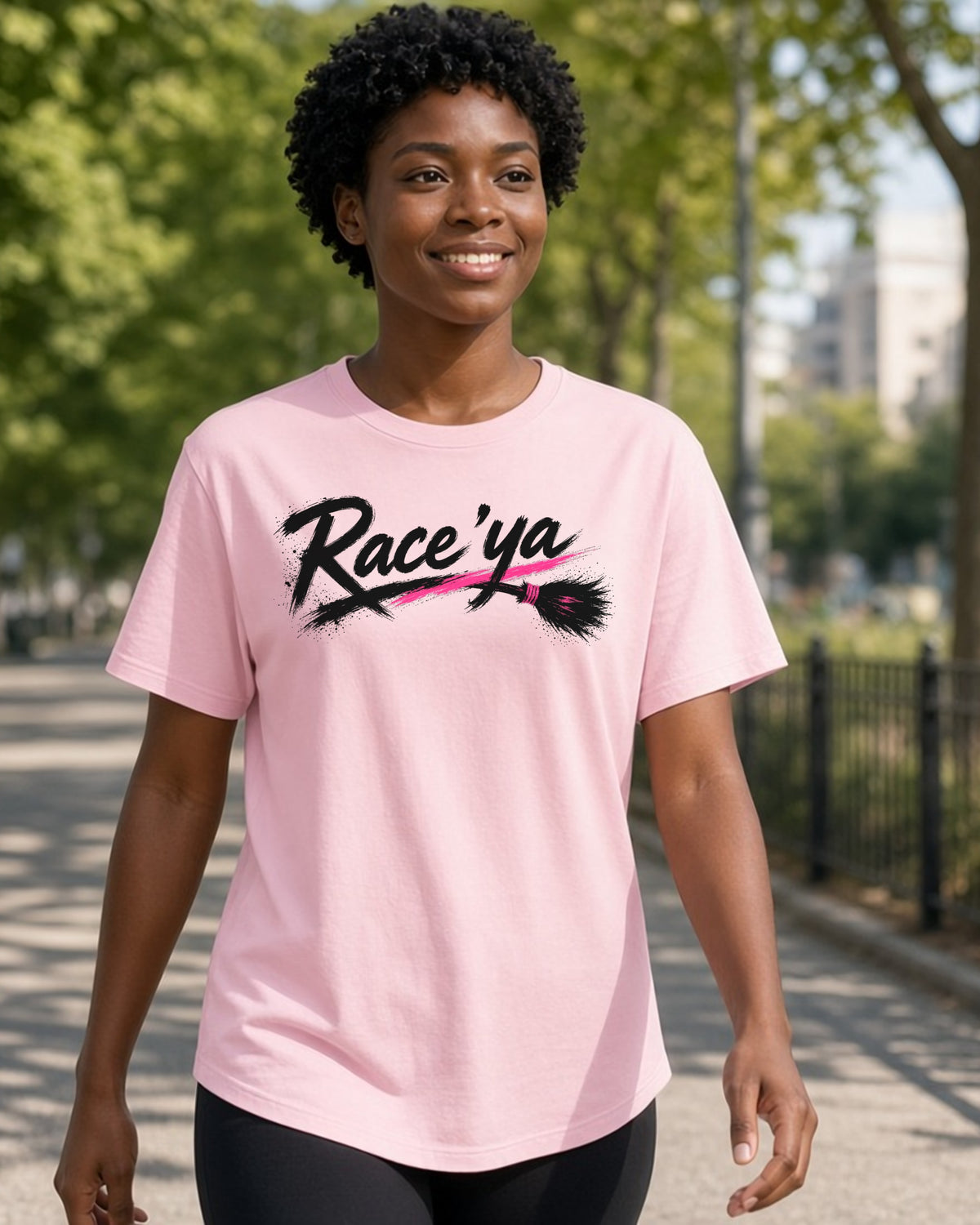 RACE 'ya women's relaxed tee on model, Pink