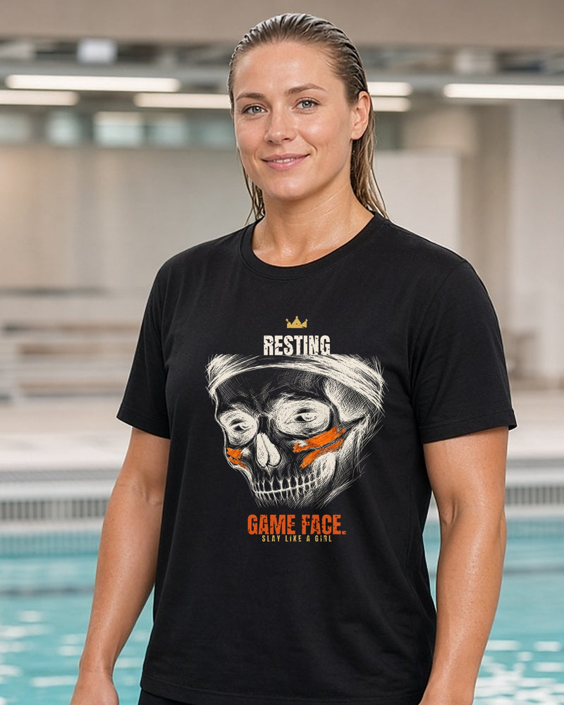 Resting Game Face women's relaxed tee on model, Black