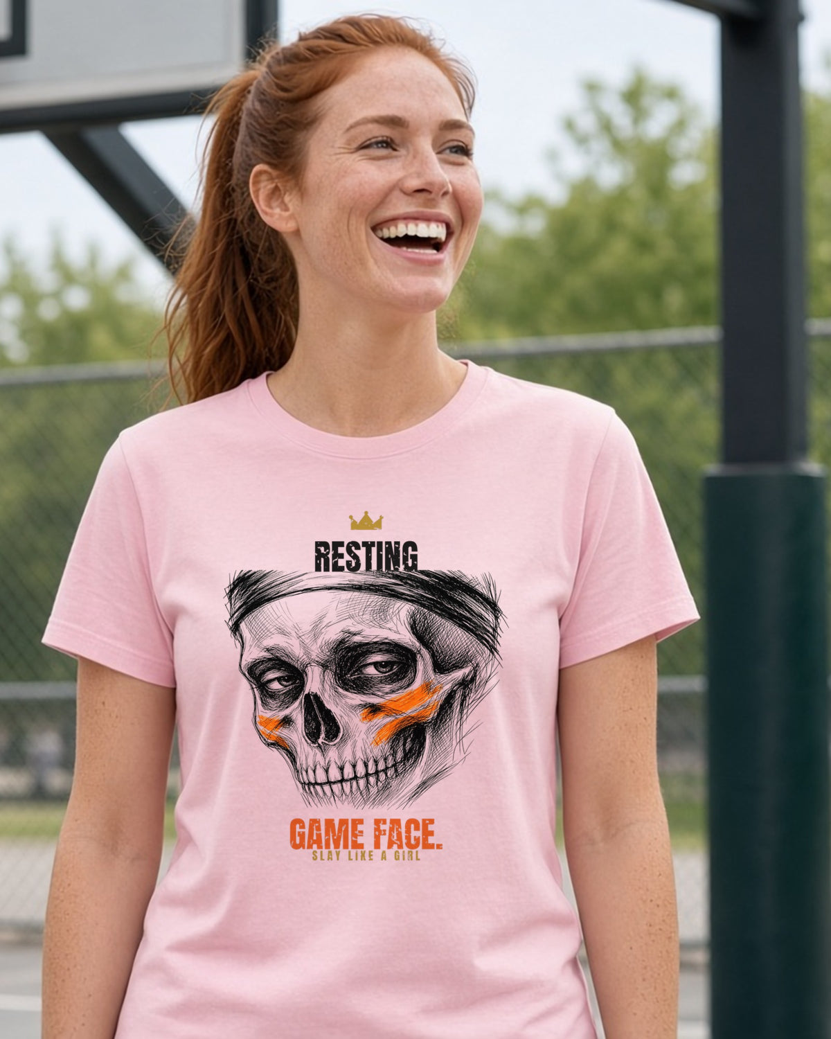 Resting Game Face women's relaxed tee on model, Pink