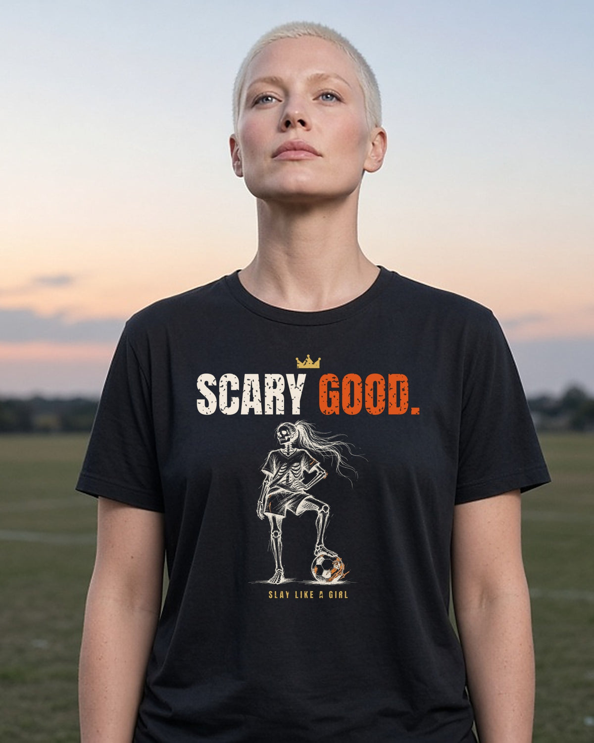 Scary Good women's relaxed tee on model, Black