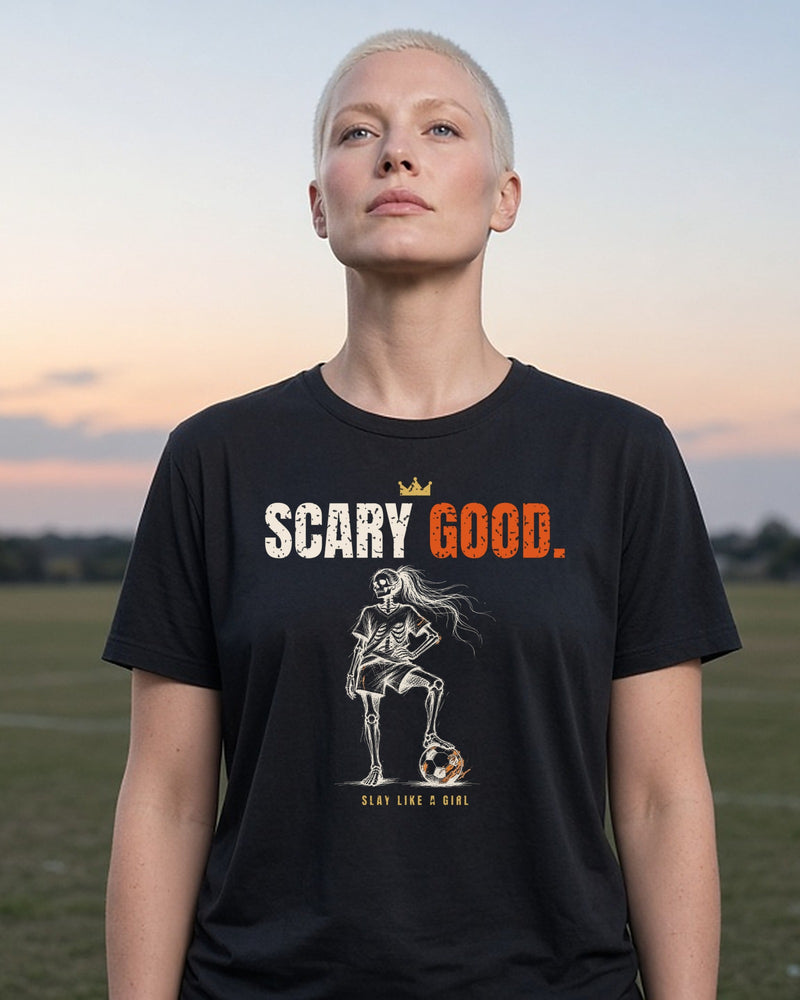 Scary Good women's relaxed tee on model, Black