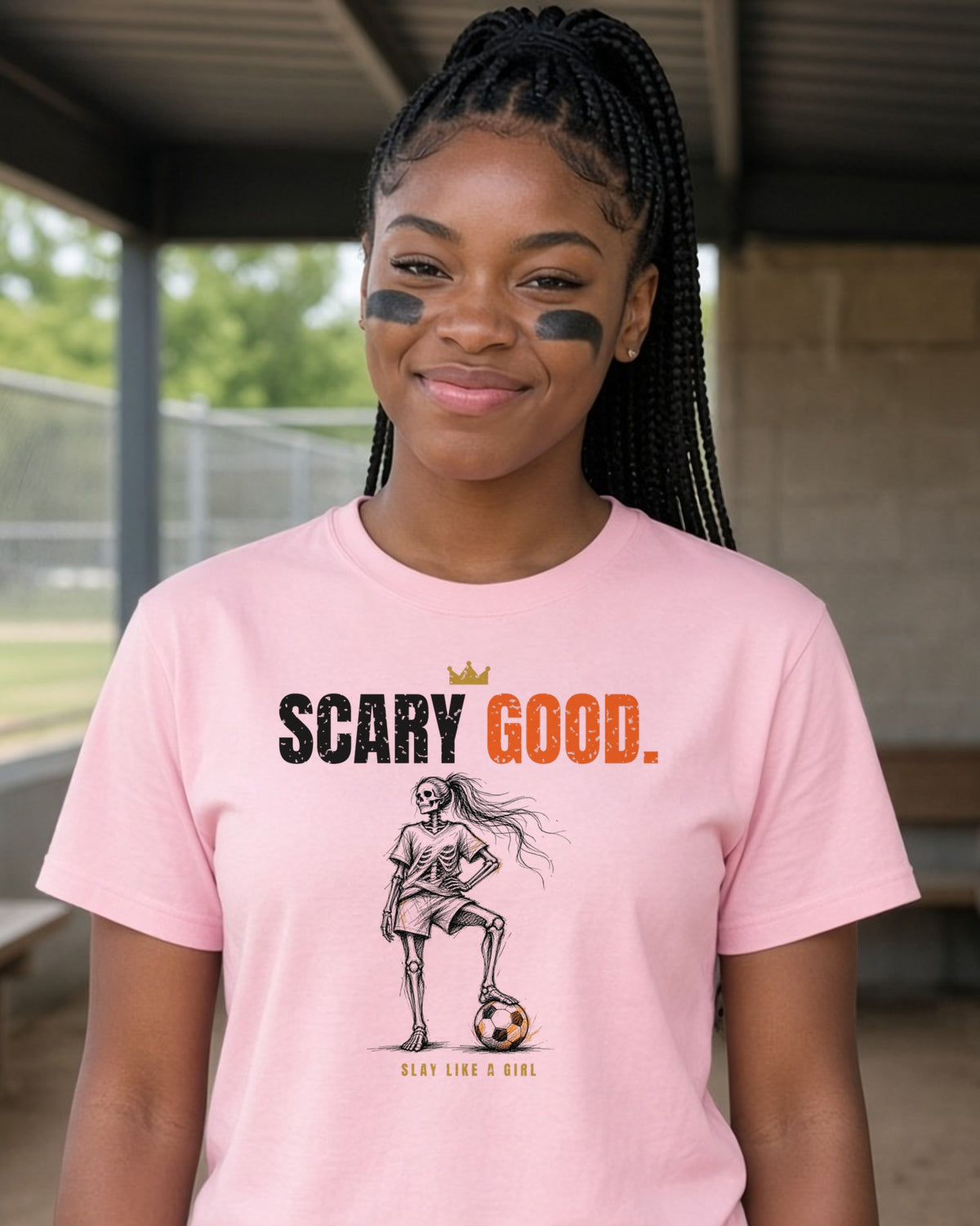 Scary Good women's relaxed tee on model, Pink