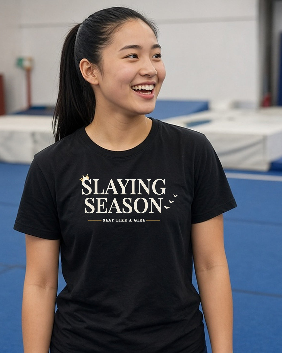 Slaying Season Crown women's relaxed tee on model, Black