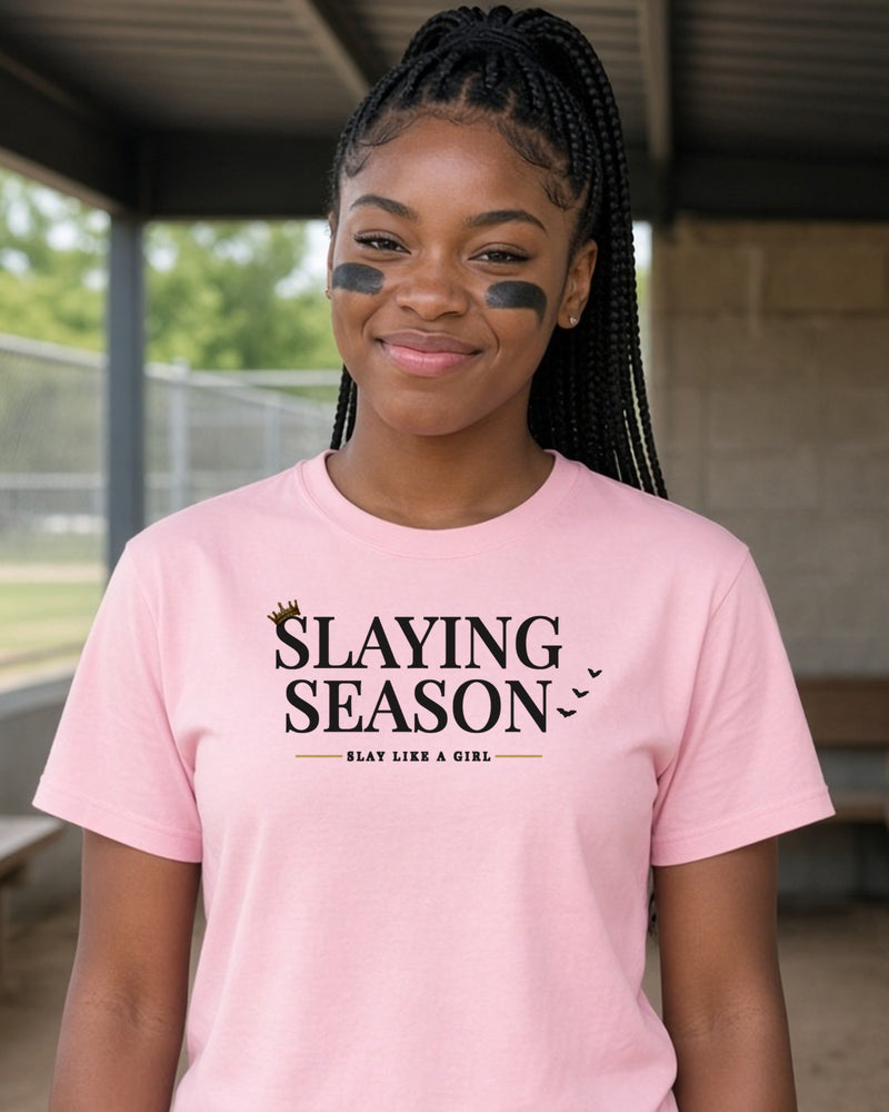 Slaying Season Crown women's relaxed tee on model, Pink