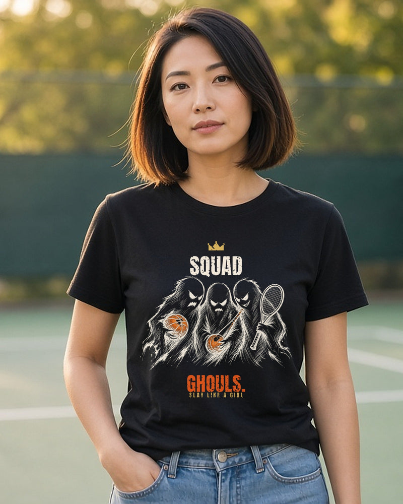 Squad Ghouls women's relaxed tee on model, Black