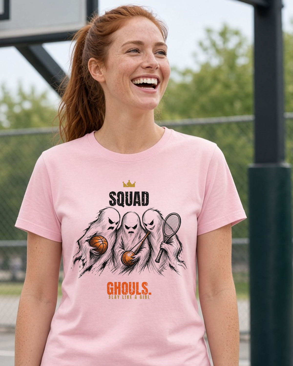 Squad Ghouls women's relaxed tee on model, Pink