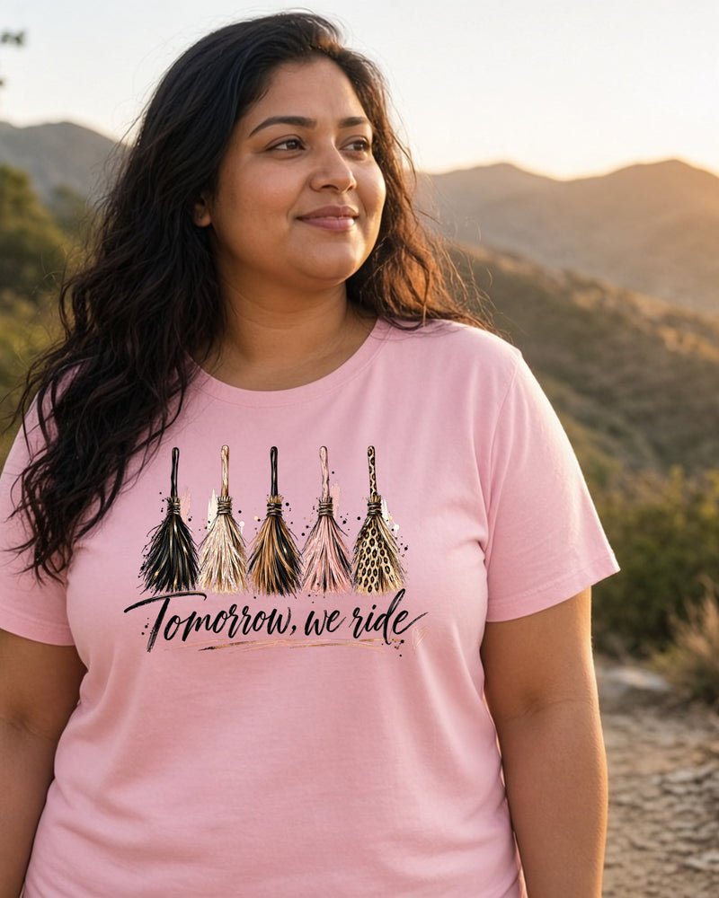 Tomorrow We Ride women's relaxed tee on model, Pink