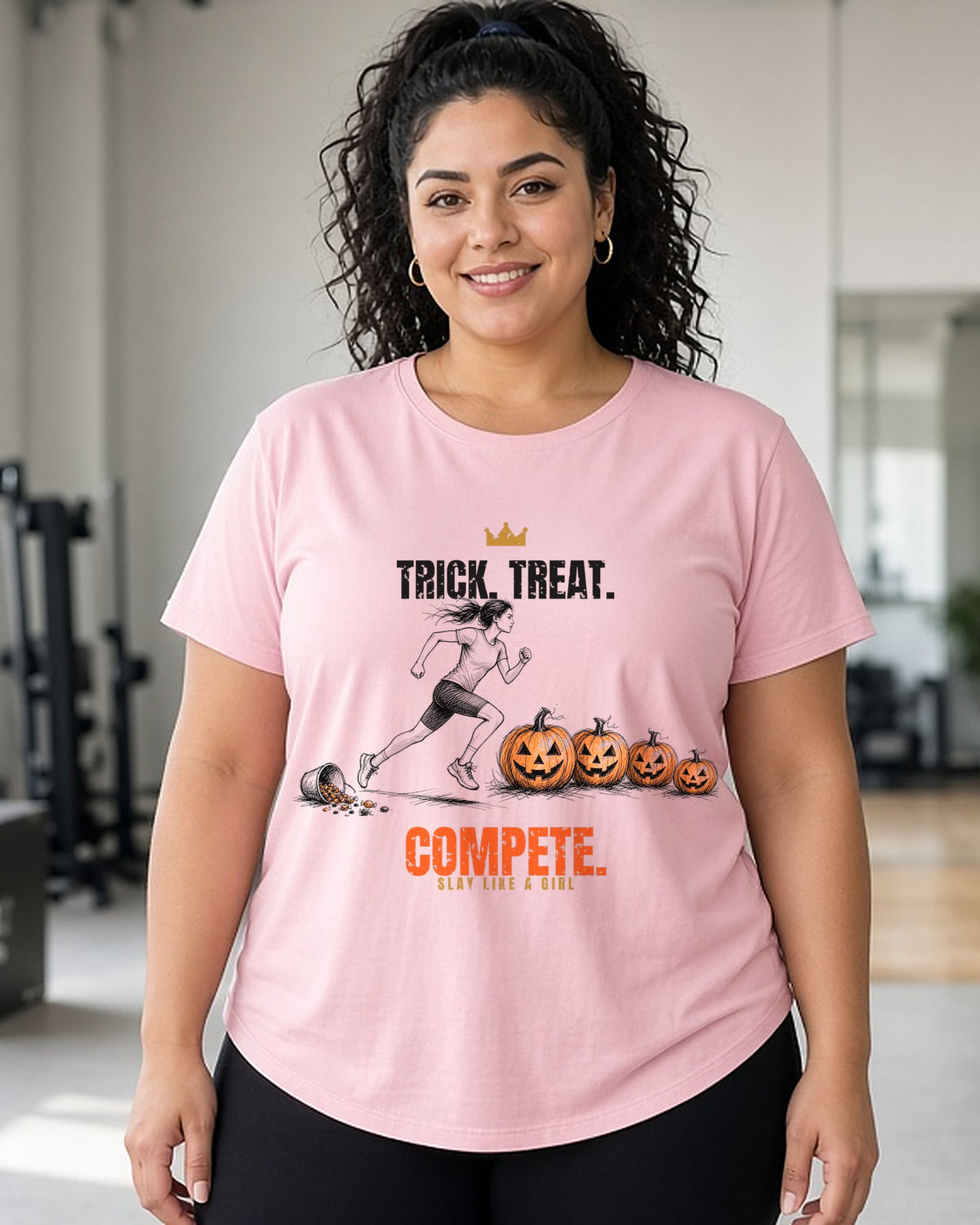 Trick. Treat. Compete. women's relaxed tee on model, Pink