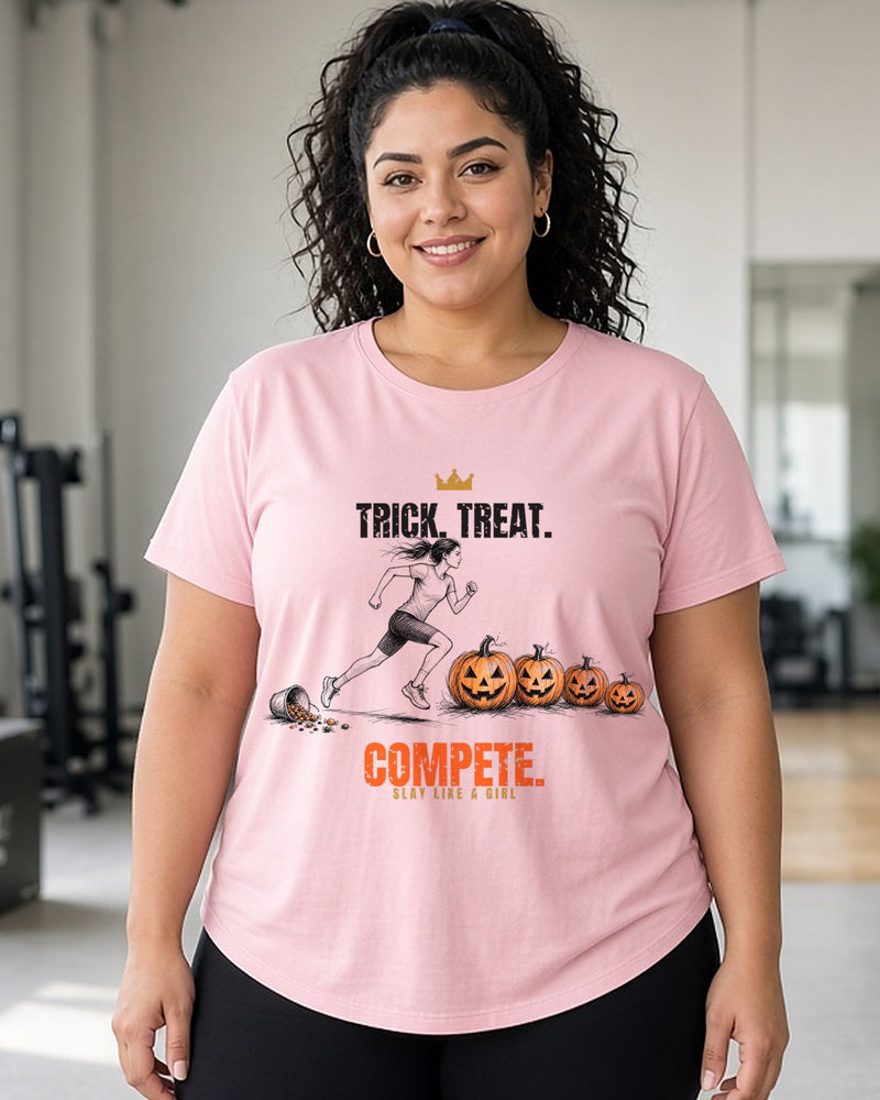 Trick. Treat. Compete. women's relaxed tee on model, Pink